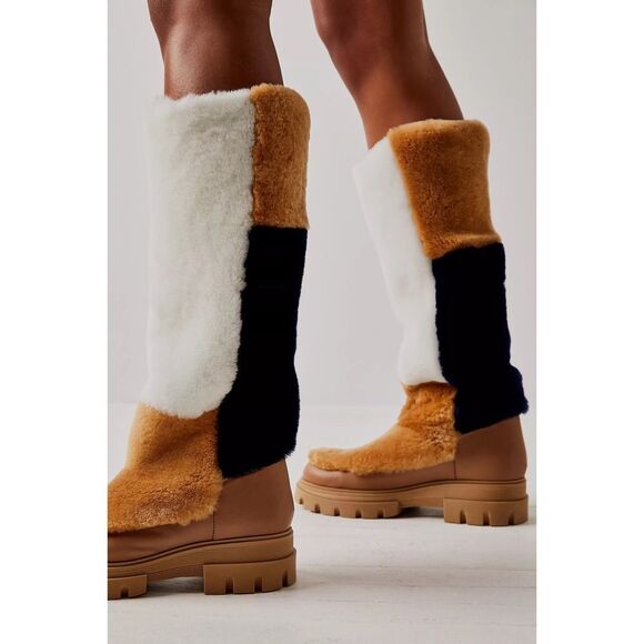 Free People Happy Thoughts Fur Shearling Paneled Colorblock Boots Camel Combo - Picture 3 of 3